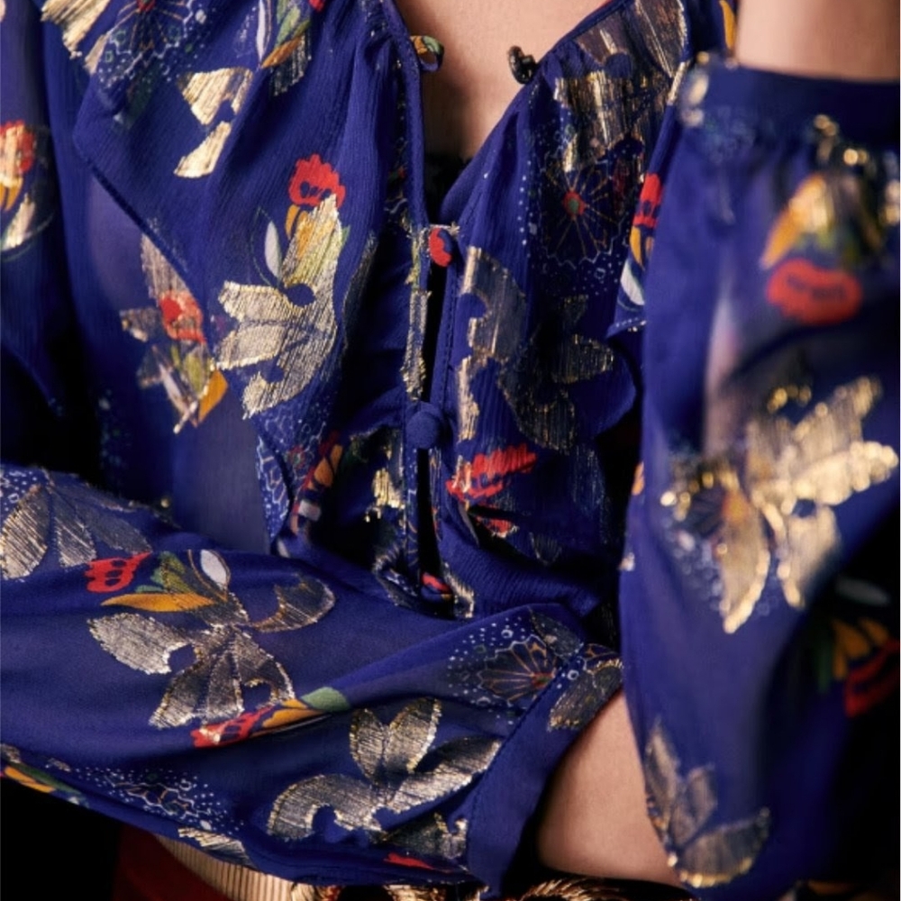 SÉZANE PRISCILLE Ruffle Neck Silk Electric Blue Floral Lurex Blouse 34 NWOT - Picture 6 of 14